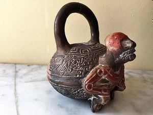 ANTIQUE VARY RARE PRE COLUMBIAN POTTERY STATUE VASE WITH TURTLE DESIGN  - Picture 1 of 12