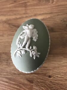 Wedgwood Jasperware Easter Egg Shaped Trinket Box Green Cherub 3" England Cupid