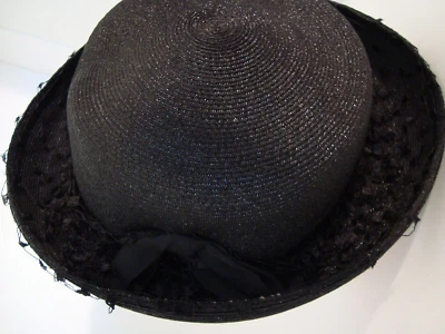 Evelyn Varon Vintage Hat Shiny Black Bow Netting Women's Head Opening 6.5" - Image 1 of 4