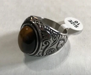 Ring men Brown TIGER'S EYE Simulated stainless steel silver ring size 10 - Picture 1 of 4
