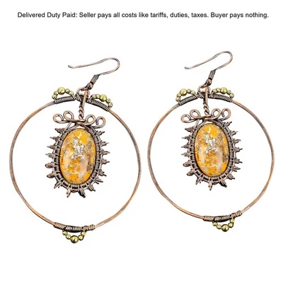 Black Friday Sale Brecciated Mookaite Stone Copper Artisan Dangle Drop Earrings - Image 1 of 4