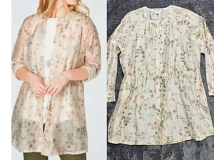J.JILL $129 Linen Blend Floral Semi Sheer Tunic Blouse XL Barley Drawstrng Waist - Picture 1 of 15