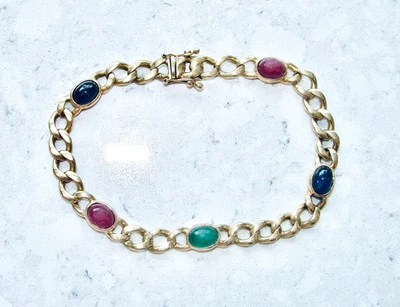 BISARELLO ITALIAN 750 18K YELLOW GOLD CABOCHON MOGUL STYLE BRACELET EMERALD 27G - Image 1 of 4