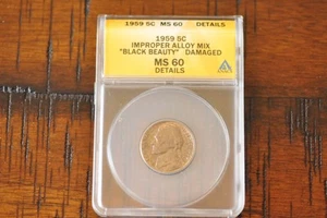 1959 Jefferson Nickel ANACS MS 60 "BLACK BEAUTY" IMPROPER ALLOY 5C Coin! - Picture 1 of 6