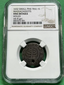 1652 Pine Tree Schilling 1S NGC Fine Details Stringer Hole Small Planchet - Picture 1 of 3