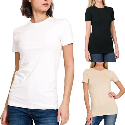 Womens Short Sleeve Crew Neck Cotton Basic T-Shirt Long Top Fitted Plain Stretch - Image 1 of 4