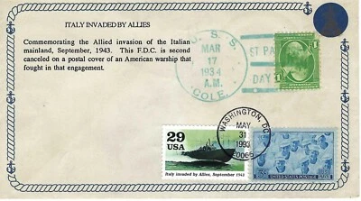 STAMP US SCOTT 2765f, 705, 935 'Italy Invaded Allies" CANCELED ON USS COLE 1934 - Image 1 of 2