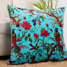 Handmade Turquoise Cotton Velvet Pillow Cover Paradise Bird Floral Cushion Cover