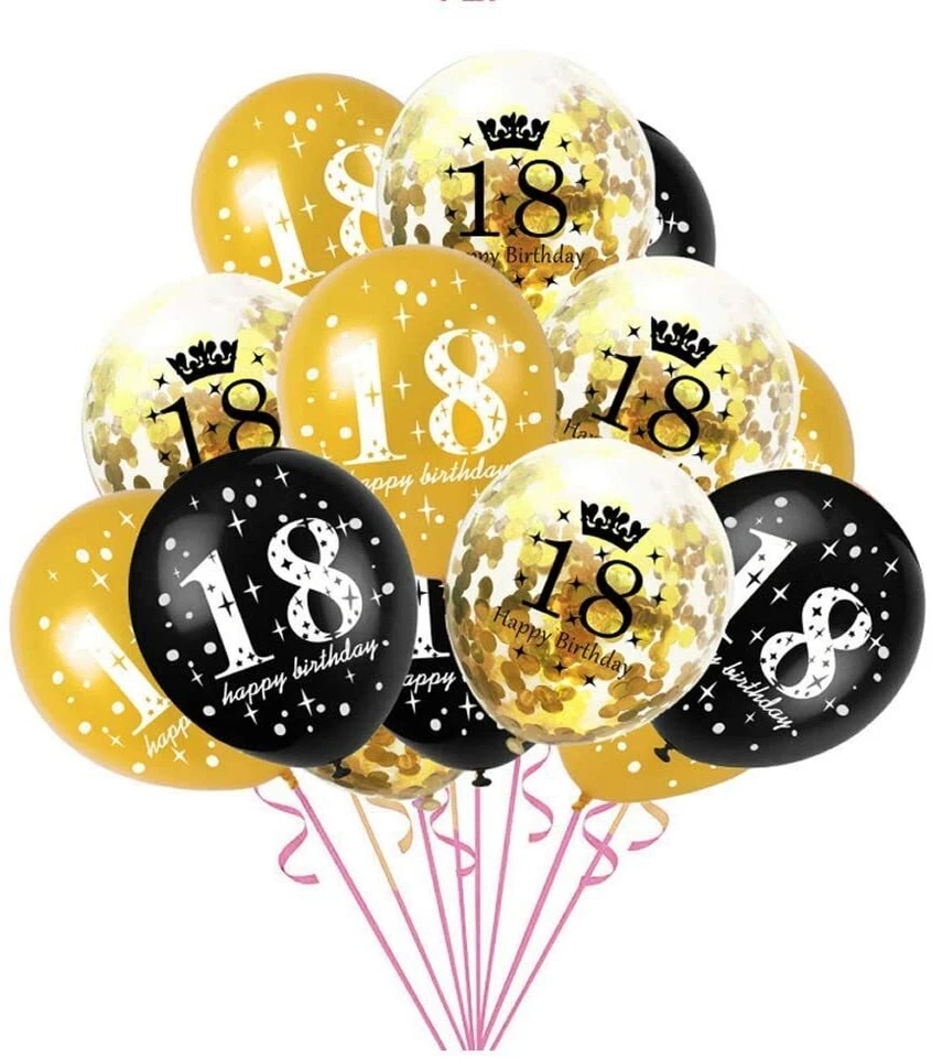 Birthday Balloons 18th X 15  Gold & Black Latex Confetti 12" Helium Party Decors — 第 1/1 张图片