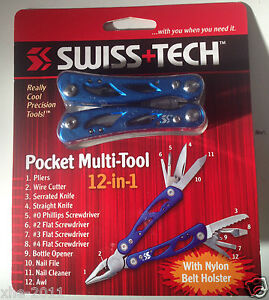 Genuine SWISS TECH Pocket Multi-Tool 12-in-1 Pliers ST35015 + Nylon Belt Holster