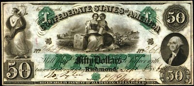 1861 $50 T6 *Reproduction* CSA Currency Justice, Agriculture & Industry Pictured - Image 1 of 2