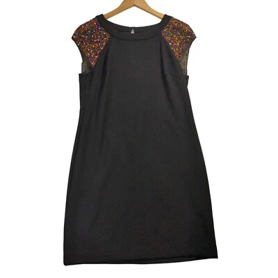 Trina Turk Shift Dress Womens 8 Nettle Black Beaded Shoulder Above Knee - Image 1 of 4