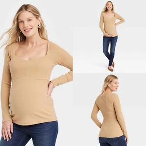 XS - Corsetry Rib Long Sleeve Maternity Top - Isabel Maternity - Tan - Picture 1 of 6