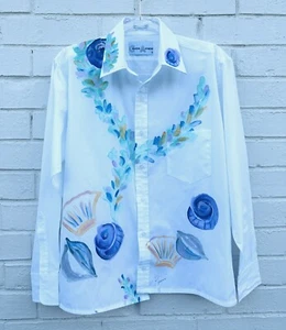 Ropa de arte creativa vintage pintada a mano arte floral abotonada parte superior blanca pequeña - Imagen 1 de 4