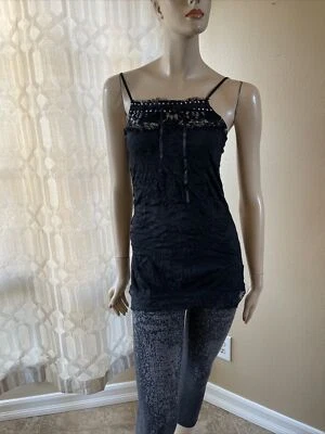 Women’s Black Polyester Casual Beaded Lace Summer Opened Size S Top Tunic - Image 1 of 4