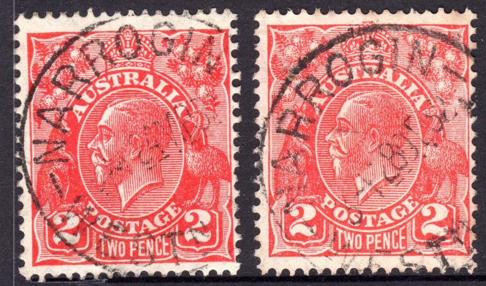 KGV 2d Red Australia NARROGIN (Left SMW; Right C of A) WA CDS - Image 1 of 1