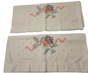2 VINTAGE Pillowcases Bucilla multicolored embroidered birds & flowers standard - Picture 1 of 8