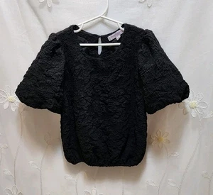 Honey & Sparkle Girls Medium Black Blouse Embossed Solid Floral Crinkle Puffy  - Picture 1 of 12