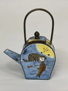 Vintage Enamel Miniature Tea Pot Kelvin Chen Mini Decorative Cat Fish Decor - Picture 1 of 8