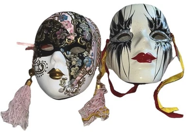 2 VTG 90’s  5” Colorful Pink Floral Glitter Ceramic Venetian Masks Ribbons Decor - Image 1 of 4
