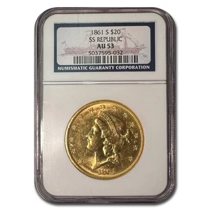 1861-S $20 Liberty Gold Double Eagle AU-53 NGC (SS Republic) - Picture 1 of 3