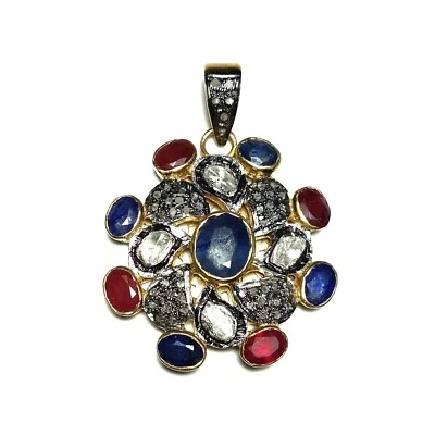 Ruby Sapphire Gemstone Pave Polki Diamond 925 Sterling Silver Elegant Pendant - Image 1 of 3