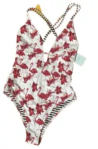 NWT Cupshe One Piece Swimsuit Flamingo Floral Spaghetti Lace Up Straps Medium - Picture 1 of 6