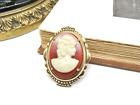 Vintage Gold Tone Red-Orange Cream Cameo Victorian Style Brooch Pin MM60