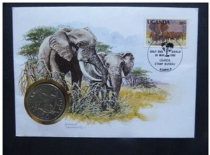 Uganda - "AFRICAN ELEPHANTS ~ WWF" Coin Cover / PNC 1990 ! - Picture 1 of 9
