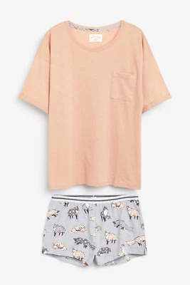 NEXT Summer Ladies Cotton Blend Short Pyjama Set - Peach Fox (UK XS / EUR 34) P4 - Image 1 of 4