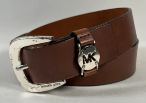 Michael Kors Brown Leather Western Belt Women SZ L 35-39 Silver Buckle MK Logo - Picture 1 of 17