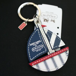 NWT COACH St James Sailboat Nautical Stripe Leather keyring Keychain KEY FOB NEW - Picture 1 of 5