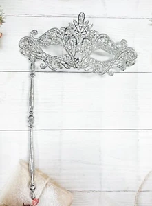 Clear Crystal Masquerade Mask with Stick, Silver Masquerade Mask, Wedding Party - Picture 1 of 6