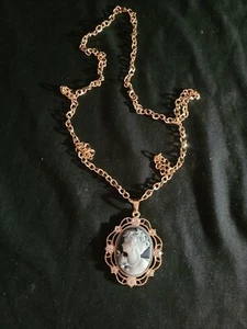 Vintage Gold Victorian Cameo Necklace 28" Lady Gray Pendant Plated Estate Find - Picture 1 of 3