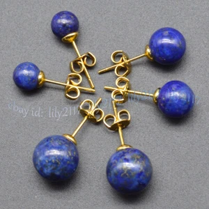 Natural Blue Lapis Lazuli Round 6mm 8mm 10mm Gemstone Gold Plated Stud Earrings - Picture 1 of 8