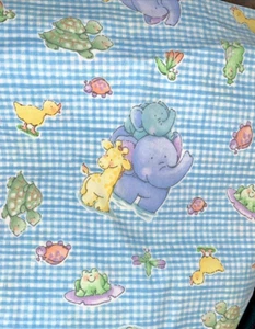 VTG Nursery Animal Print Frog Turtle Elephant on Blue Gingham by Springs BTFE - Picture 1 of 5