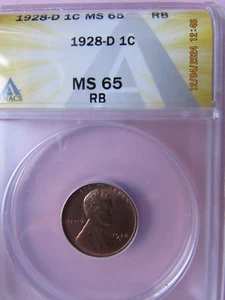 1928-D Lincoln Cent - ANACS MS 65 RB (only 1 graded higher by PCGS) - Picture 1 of 2