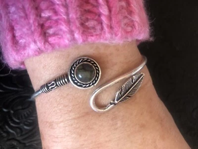 Labradorite Feather Bangle Bracelet Fits Wrist 5.5” to 6.5” Adjustable - Image 1 of 4