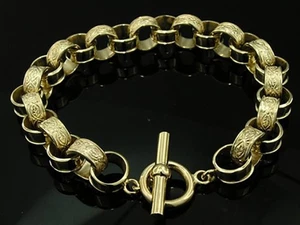 Genuine 9ct SOLID GOLD Heavy Belcher Toggle Bracelet Unique Leaves Pattern - Picture 1 of 9