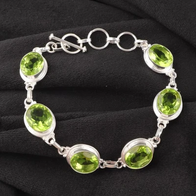 Green Peridot Gemstone Handmade 925 Sterling Silver Jewelry Bracelet Gift For - Image 1 of 3