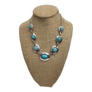 Vintage Trifari Necklace Faux Turquoise Silver Tone textured smooth 18 in - Picture 1 of 4