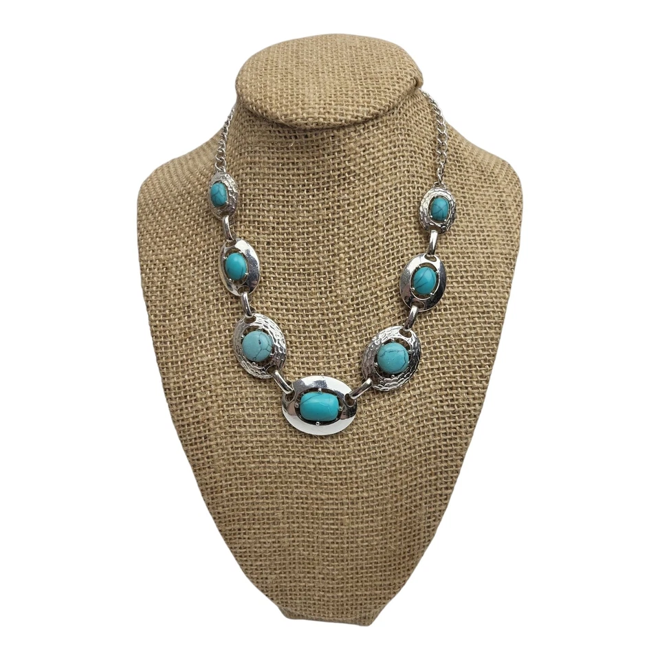 Vintage Trifari Necklace Faux Turquoise Silver Tone textured smooth 18 in - Image 1 of 4