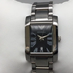 Emporio Armani Watch Women 24mm Silver Tone Tank Date 50M AR-0148 Black Dial 6" - Picture 1 of 13