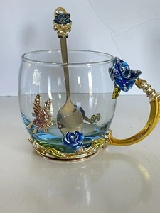 Glassyfi Butterfly Flower Glass Mug Tea Cup With Spoon Enamel Glass Metal 3.5”T - Picture 1 of 5