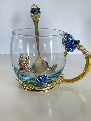 Стеклянная стеклянная кружка бабочка цветок чайная чашка с ложкой эмаль стекло металл 3,5 дюйма T - Изображение 1 из 4