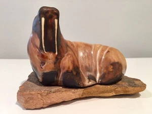 Maigon Daga Studio Pottery Ceramic Walrus on Travertine Base - Picture 1 of 7