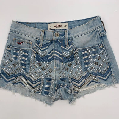 Pantalones Cortos Hollister Mujer Talla 0 W24 Denim Bordados Tachonados Tiro Alto Lavado Ligero Foto 1 de 4