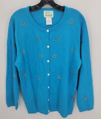 Quacker Factory Cardigan Sweater Womens Large Blue Beaded Snowflake Button Up - Image 1 of 4