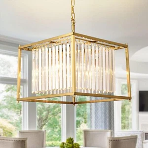 Fitsai Modern Gold Crystal Chandelier Light, Gold Pendant Light, Square Chandeli