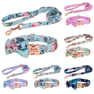 Personalisiertes Hundehalsband mit Schleife blaue Blume individuelle Gravur Name ID Tag klein L - Bild 1 von 17
